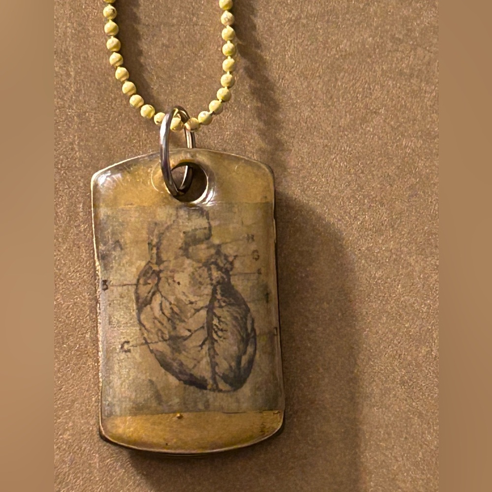 Necklace Heart vintage diagram “Anatomy Lesson” Lacquered & metal pendant, chain